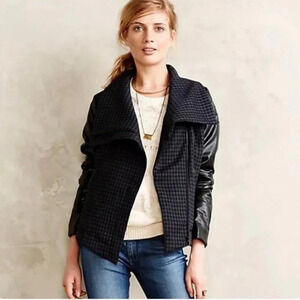 Anthropologie Greylin Black & Blue moto Jacket Black Faux Leather Sleeves XXS